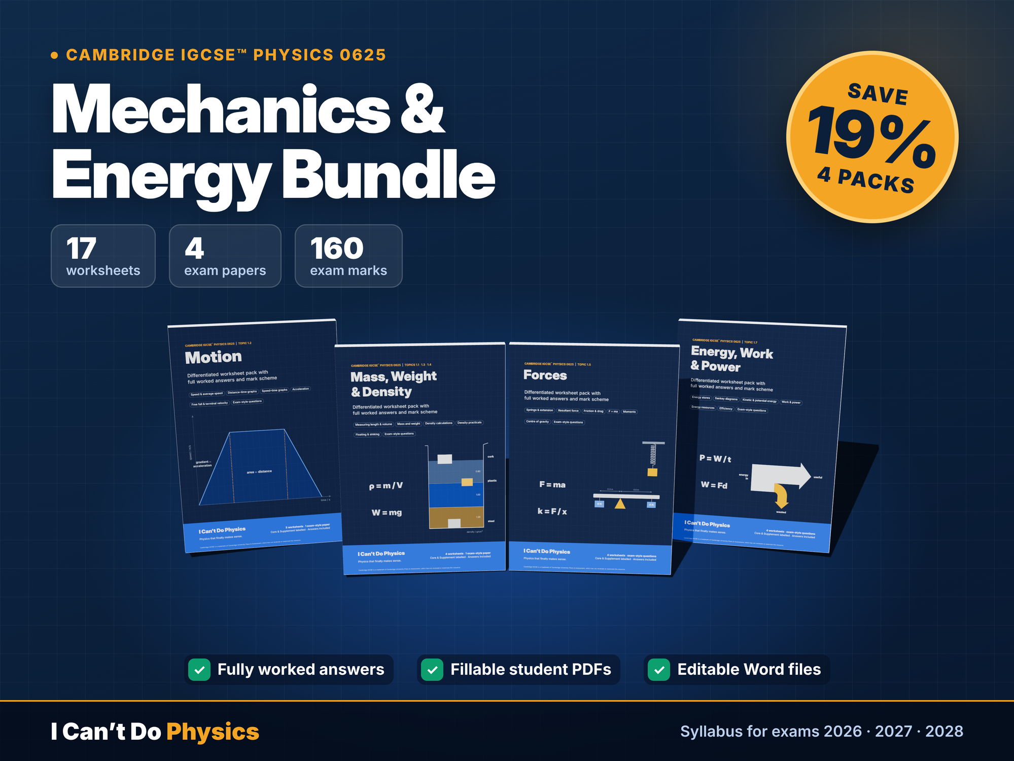 IGCSE Physics 0625 Mechanics & Energy Worksheet Bundle