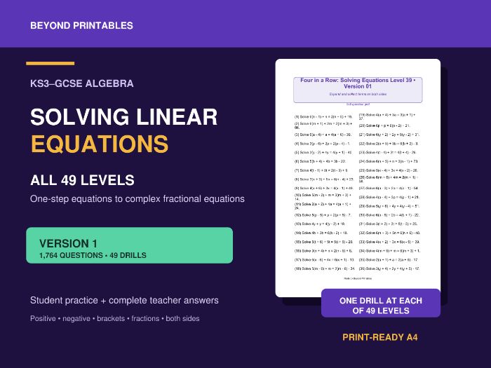 Solving Linear Equations Skill Drills | 49 Levels | 1,764 Questions