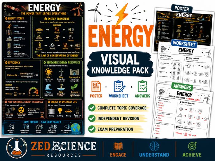 AQA GCSE Physics Energy Revision Pack | Knowledge Poster, Worksheet & Answers