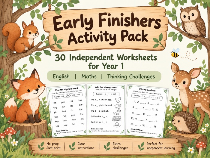 Title Early Finishers Activity Pack | 30 Independent KS1 English & Maths Worksheets | Year 1