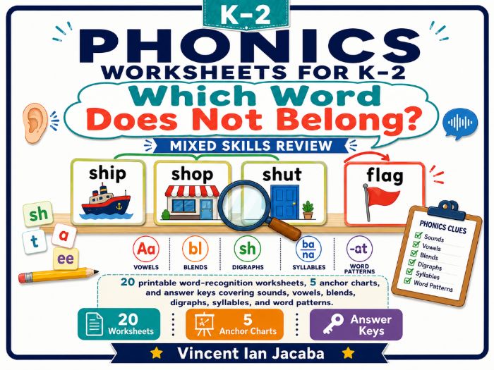 Phonics Worksheets Ages 5–8 | Which Word Does Not Belong? Mixed Skills Review
