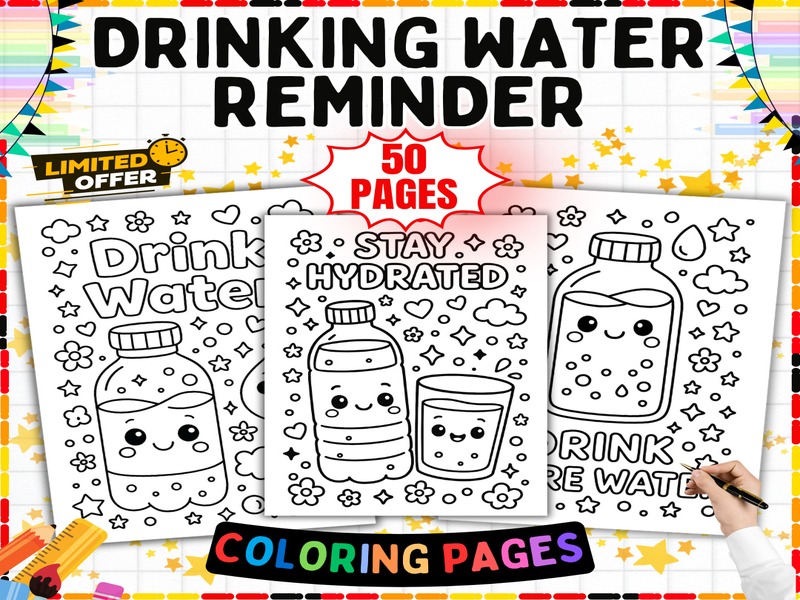 Hydration Coloring Pages | 50 Page Coloring Sheets | Bottles Cups and Healthy Choices