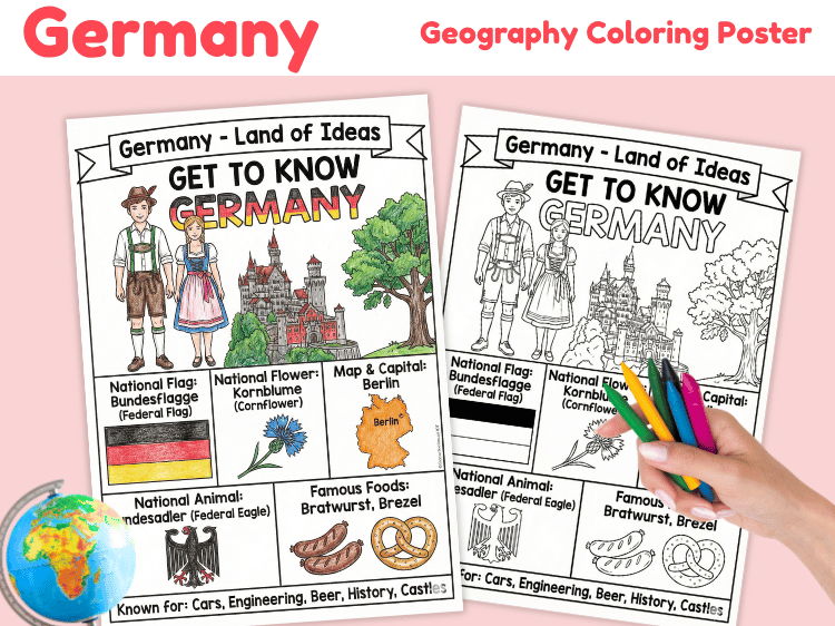 Germany Geography Coloring Poster | Country Facts & Landmarks