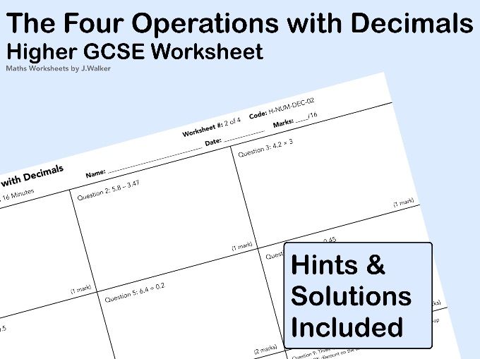 GCSE Maths Worksheet: The Four Operations with Decimals  - Higher Tier
