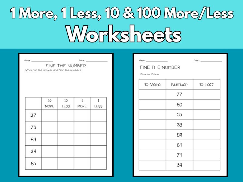 1 More, 1 Less, 10 & 100 More/Less Worksheets