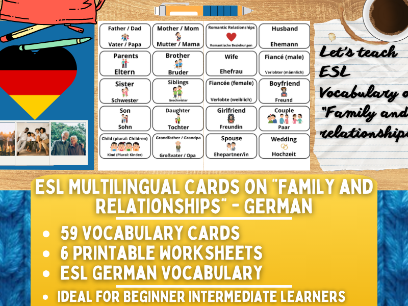 ESL Multilingual Vocabulary Flashcards - Family and Relationships - German