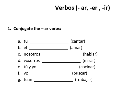 Spanish regular verbs present tense - AR, - ER, - IR Worksheet