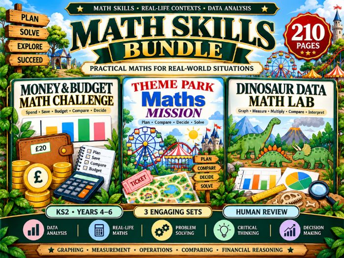 KS2 Maths Skills Bundle | Money, Theme Park & Dinosaur Data | 210 Pages | Years 4–6