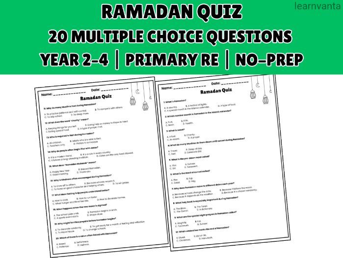 Ramadan Quiz KS1 KS2 | Year 2–4 Primary RE Worksheet | 20 Multiple Choice Questions | Free