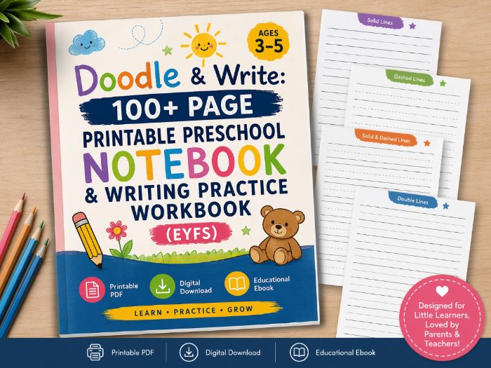 Doodle & Write: 100+ Page Printable Preschool Notebook & Writing Practice Workbook (EYFS)
