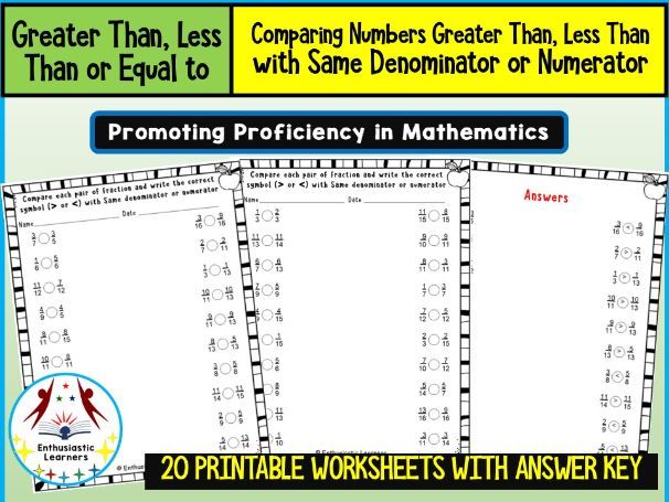 Comparing Numbers – Greater Than, Less Than with Same Denominator or Numerator Worksheets | Practice