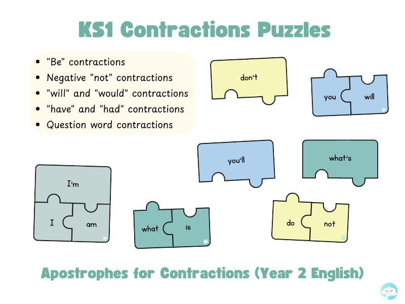 KS1 Contractions Puzzles – Apostrophes for Contractions (Year 2 English)