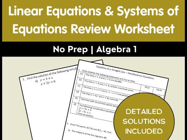 Linear Equations & Systems of Equations Review Worksheet - No Prep | Algebra 1