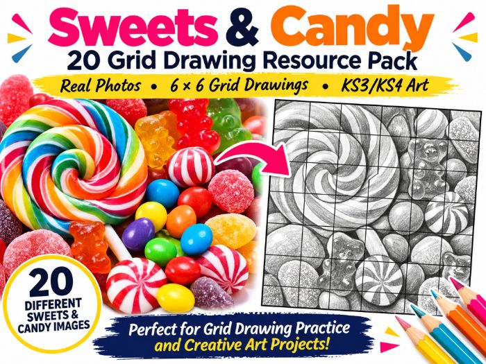 Sweets & Candy Grid Drawing Worksheets – 20 Art Activities | 6x6 Grid Drawing | KS3 KS4