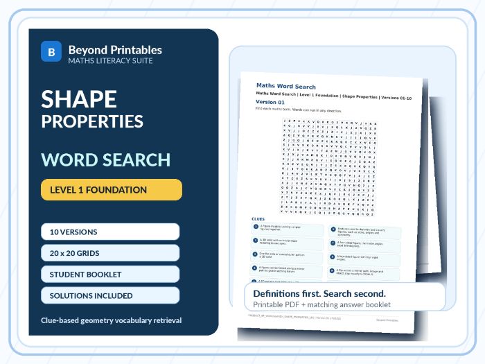 Shape Properties Level 1 Maths Word Search | 10 Printable Vocabulary Puzzles with Solutions