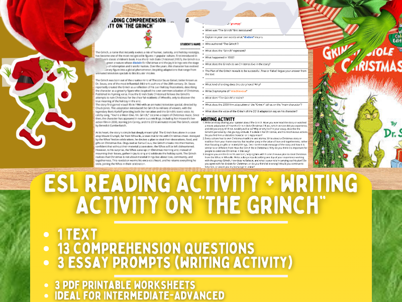 ESL Reading Comprehension + Writing Activity Worksheets on "The Grinch"