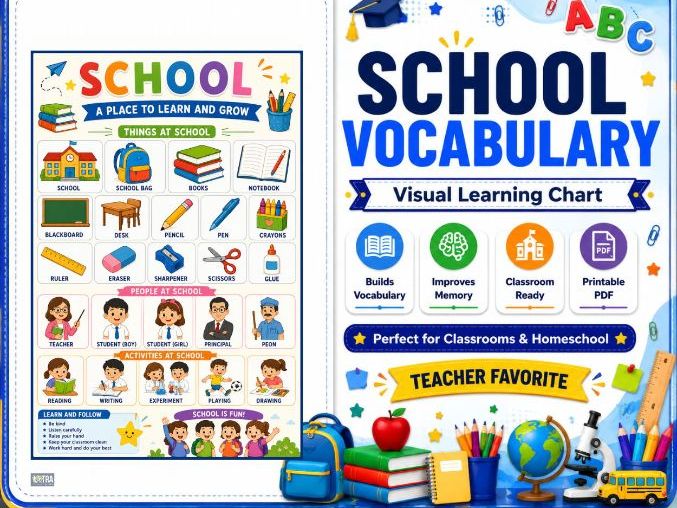 Printable School Vocabulary Poster | Visual English Learning Chart for Classroom & Homeschool