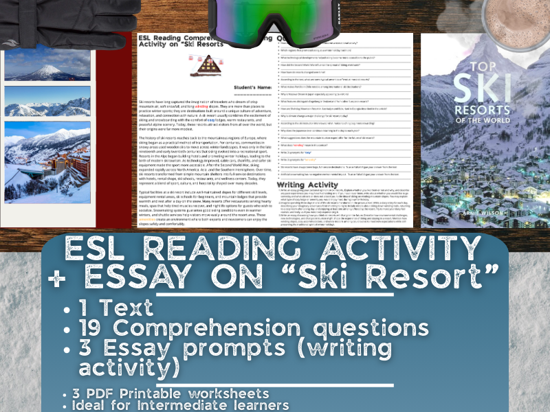 ESL Reading Comprehension + Writing Activity Worksheets - Ski Resorts - Winter