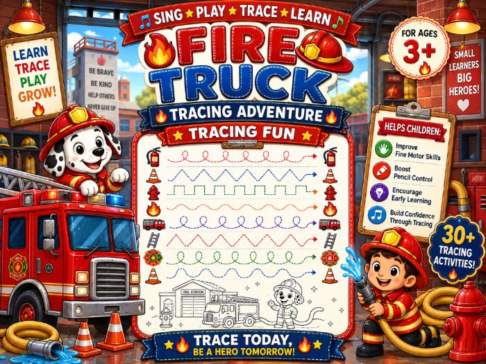 Fire Truck Tracing Worksheets | Firefighter Fine Motor & Pencil Control Activities | Preschool–1st