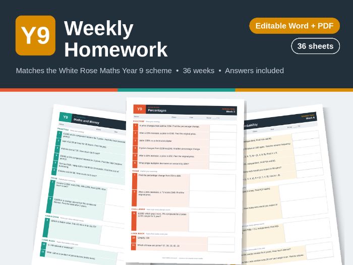 Year 9 Weekly Maths Homework – White Rose Maths aligned