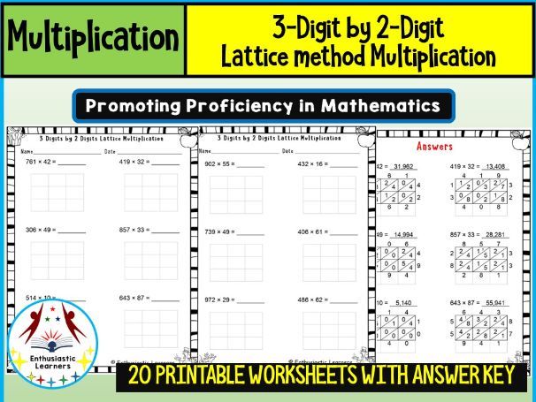 3-Digit by 2-Digit Lattice Multiplication Method Worksheets Math Problems