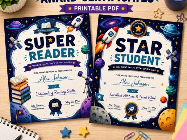 Space Theme Award Certificates for Kids | 8 Printable Student Achievement Certificates