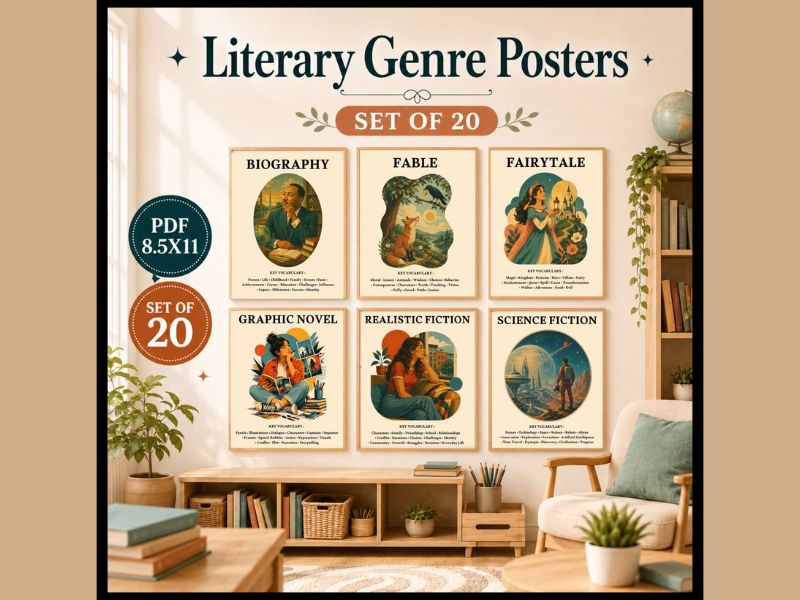 20 Literary Genre Posters, Book Genres Classroom Display & Reading Corner Decor, 8.5" x 11""