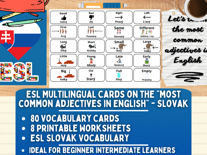 ESL Multilingual Vocabulary Flashcards - Most Common Adjectives - Slovak
