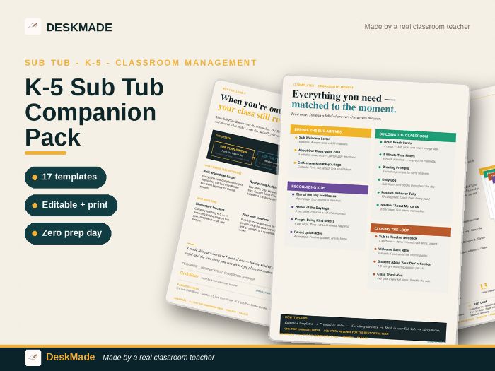 K-5 Sub Tub Companion Pack | 17 Templates | Brain Breaks Recognition Notes
