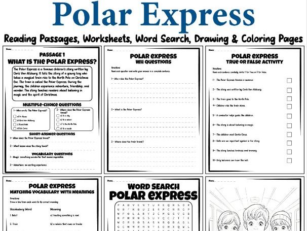 Polar Express Reading Passages, Worksheets, Word Search, Drawing & Coloring Pages