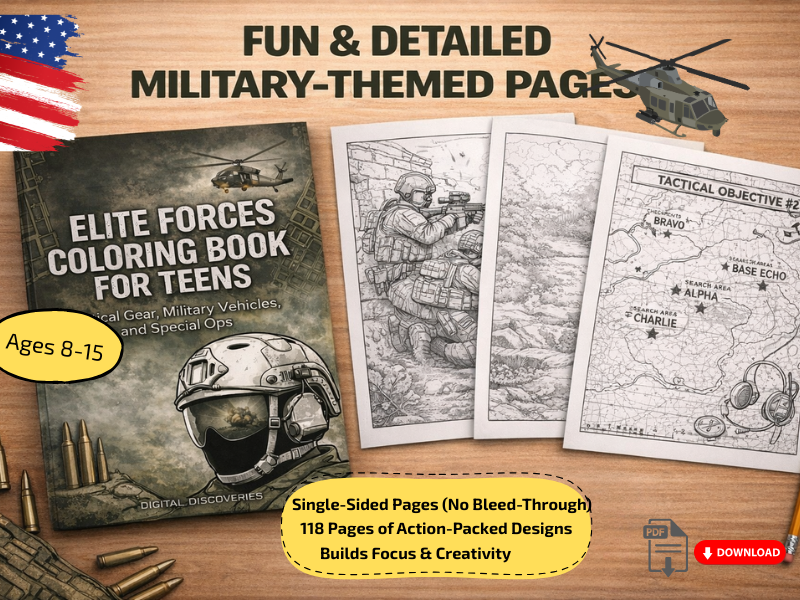 Military Coloring Book for Teens Ages 8–14 | Tactical Gear, Vehicles, K9 Units, and Special Forces