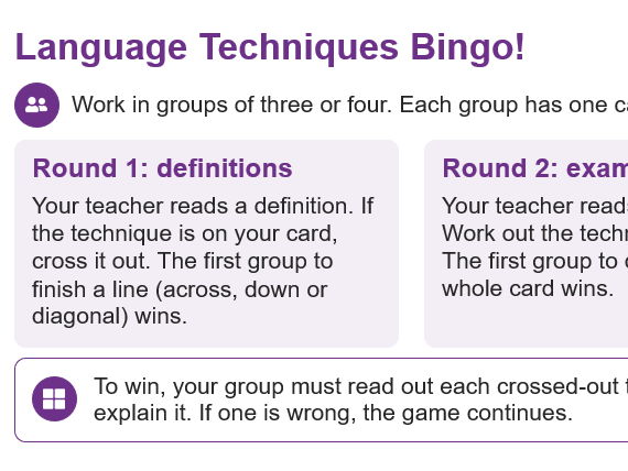 GCSE English Language Techniques: Retrieval Lesson with Bingo, Heads Up and Starters