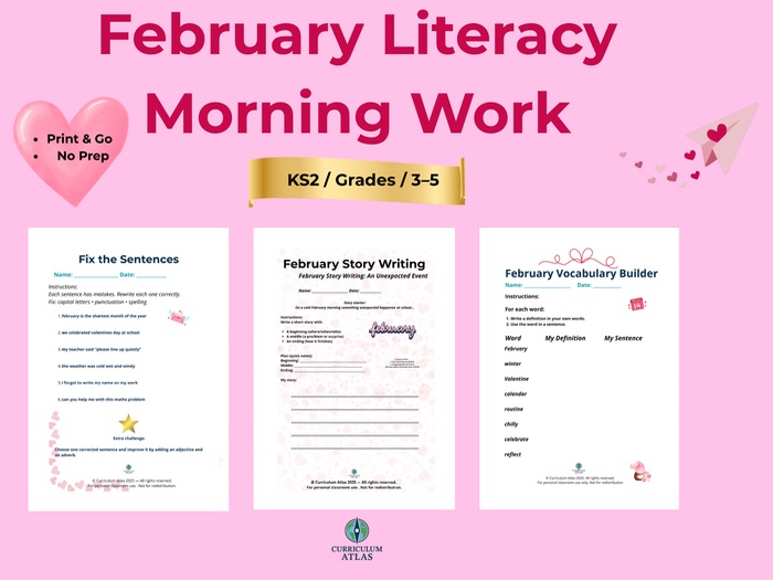 February Literacy Morning Work – Print & Go Writing Activities (KS2 / Grades 3–5)