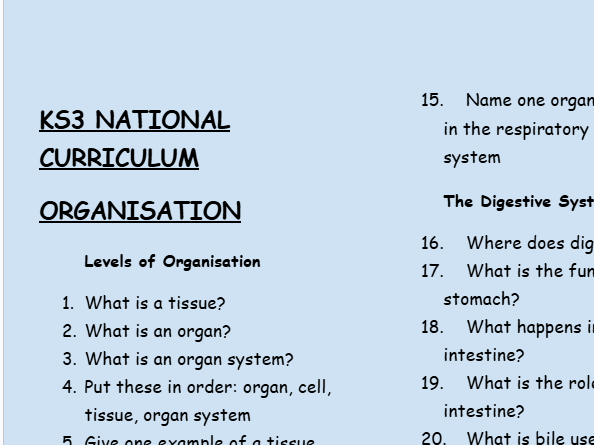 KS3 Science Retrieval Practice – Organisation (30 Questions + Answers)