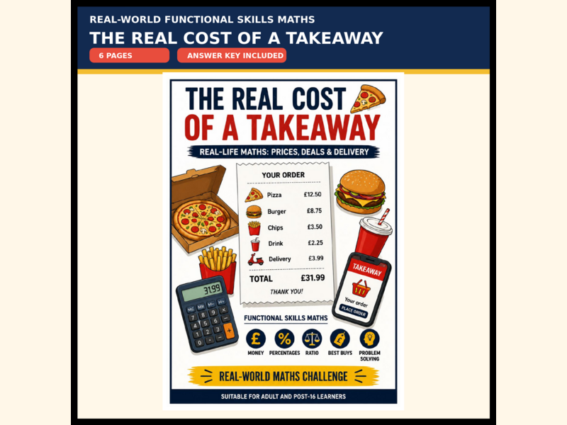 Takeaway Maths Challenge Workbook | Functional Skills Maths Level 1 & 2 | Money, Percentages & Best