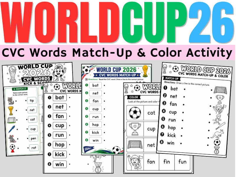 World Cup 2026 CVC Words Match & Color Worksheets | Soccer Phonics Literacy Center Activity