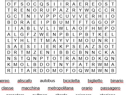 Free Italian vocabulary wordsearch - trasporto/transport