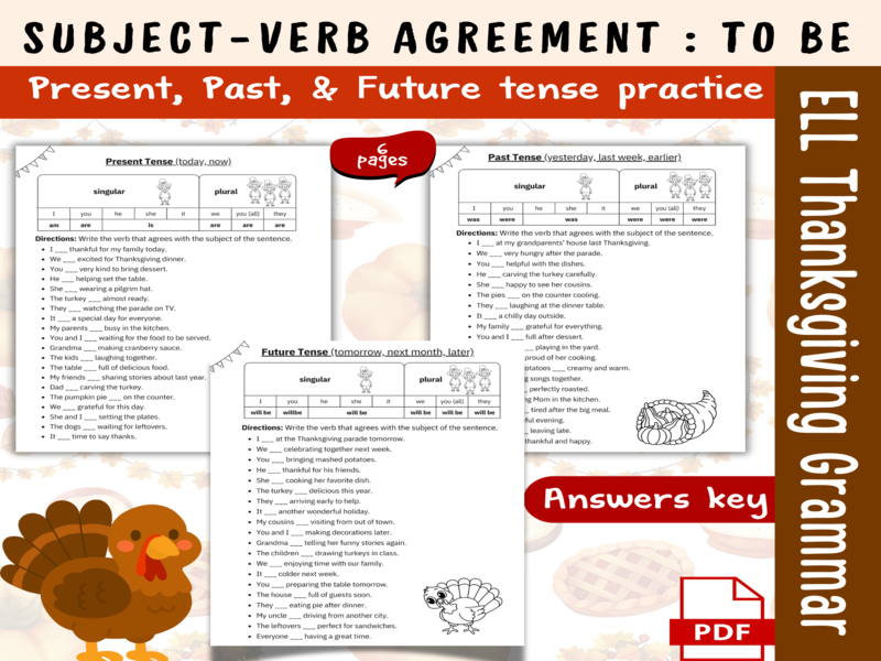 Thanksgiving Subject-Verb Agreement Worksheets ELL | To Be Verb Practice Grammar