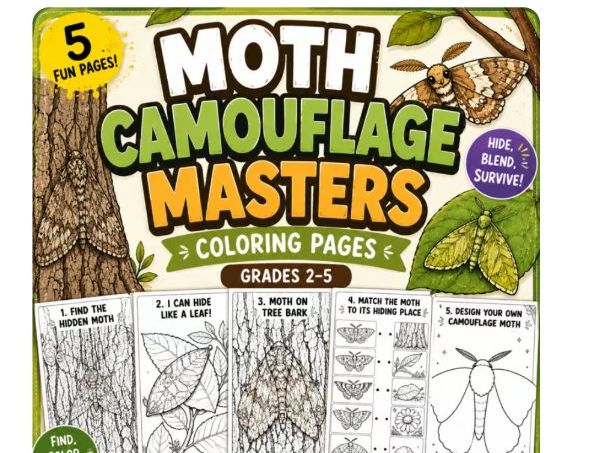 Moth Camouflage Masters Coloring Pages | National Moth Week Activities (Grade 2-5)