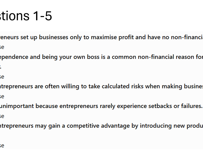 3.1.1 Entrepreneur True or False Questions Teaching and Revision New Business Specification