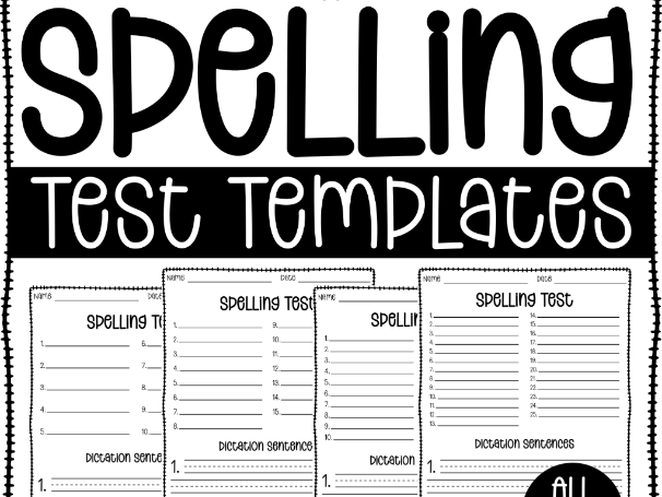 Spelling Test Templates with Dictation Sentence Lines - 10, 15, 20 & 25 Words - All Ages -