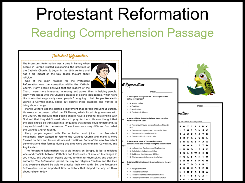 Protestant Reformation Reading Comprehension and Word Search | Teaching ...