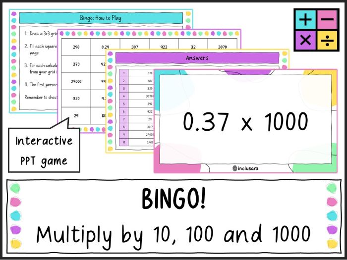 Multiply by 10, 100 and 1000 Bingo Game, Whole Class Powers of 10 Activity