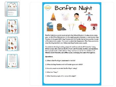 Bonfire / Guy Fawkes Night Poster Wordsearch & Reading Comprehension Worksheets