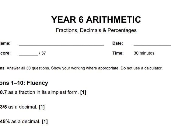 Year 6 Arithmetic - Fractions, Decimals and percentages