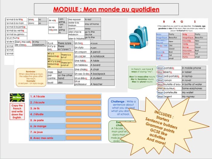 Year 7 or KS3 FRENCH 11 Fully Resourced Lessons | Classroom, house, body, illnesses, routine