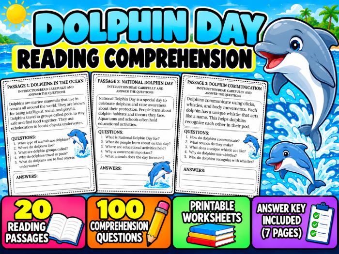 Dolphin Day Reading Comprehension | 20 Passages with Answer Key