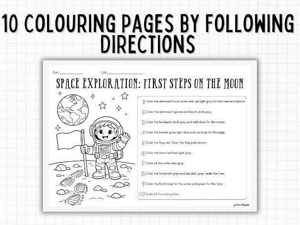 Space Colouring Pages with Instructions | Following Directions Activity | ESL & KS1 KS2 Worksheets