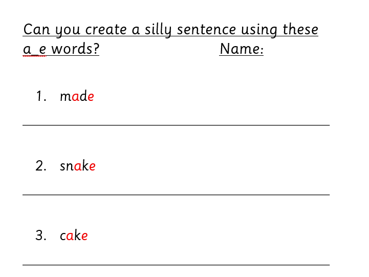 a_e phonics silly sentence writing