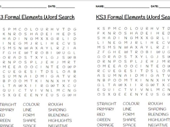 Formal Elements Word Search Worksheet KS3